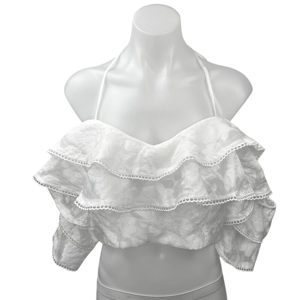 NEW Fashion Nova Rachel White Off Shoulder Halter Strap Ruffle Crop Top Blouse L